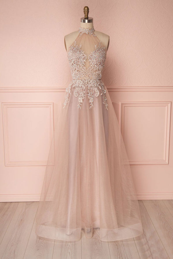 Unique lace applique tulle long prom dress, tulle evening dress