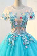 Blue round neck tulle lace applique long prom dress, blue evening dress