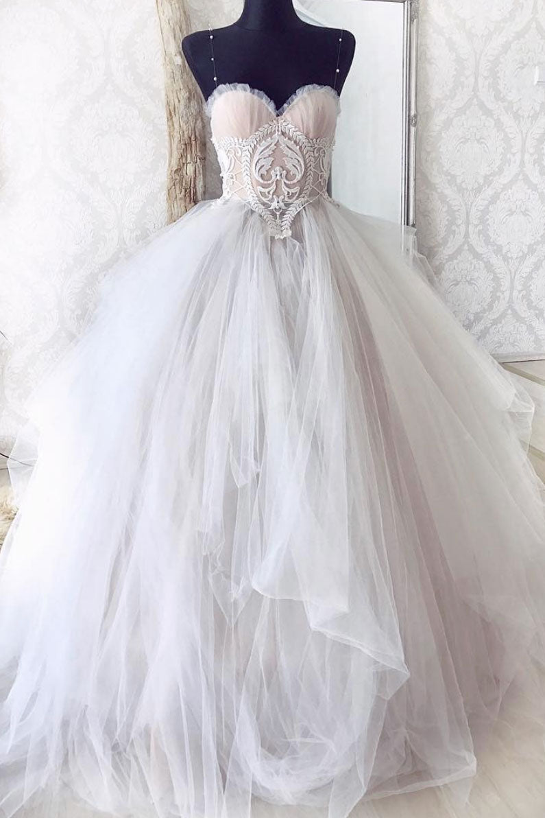 Cute sweetheart lace tulle gray long prom dress gray evening dress