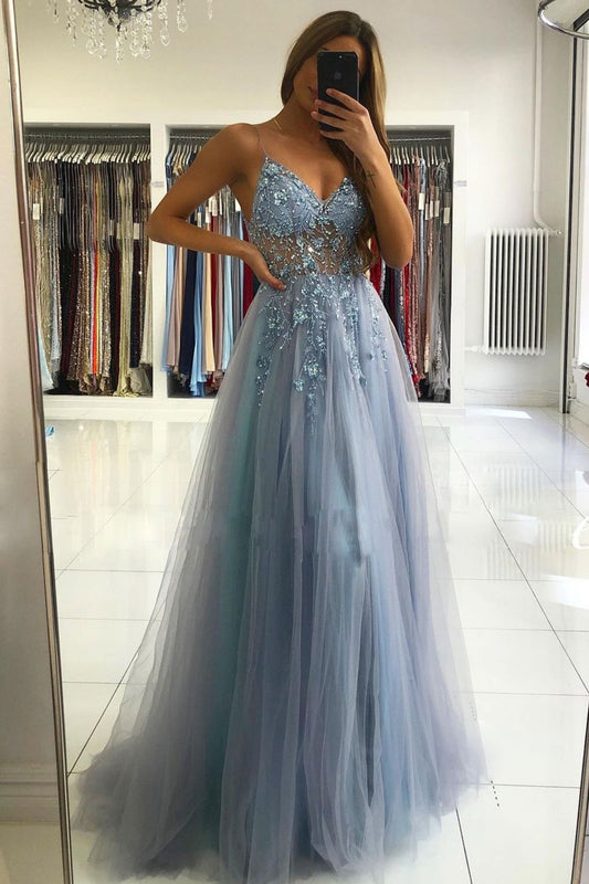 Gray blue v neck tulle beads long prom dress blue formal dress