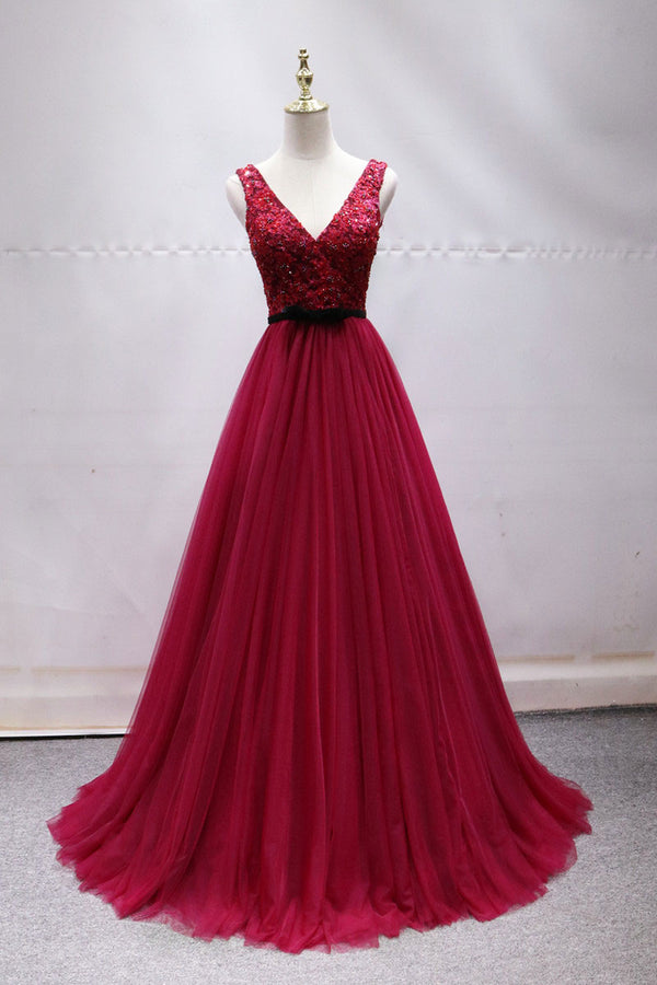 Burgundy tulle lace long prom dress, burgundy lace formal dress