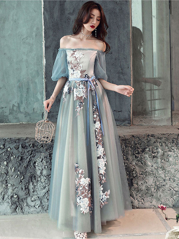 Gray blue tulle lace long prom dress, gray tulle formal dress
