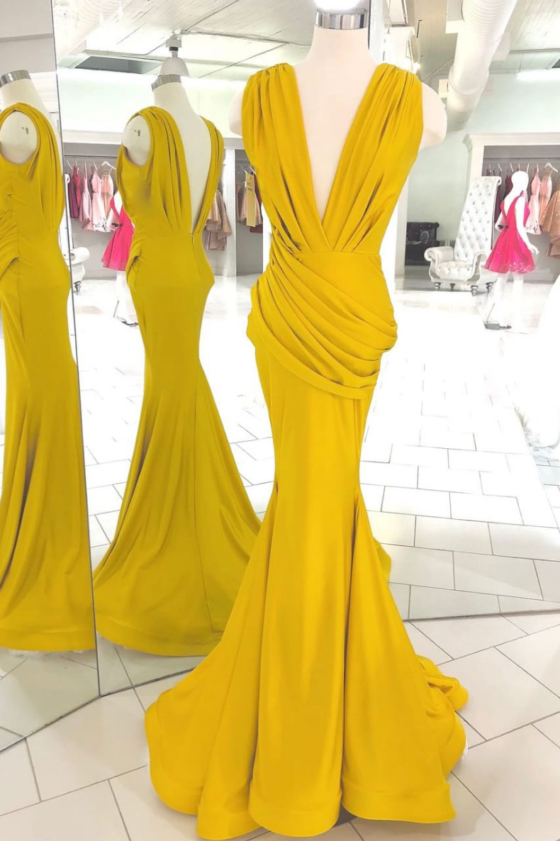 Yellow v neck long prom dress, yellow evening dress