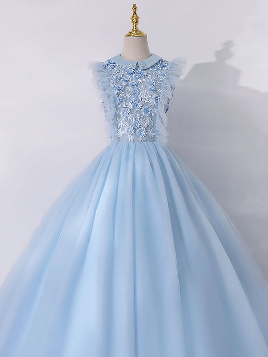 Blue A-line Tulle Long Prom Dress, Blue Formal Evening Dresses