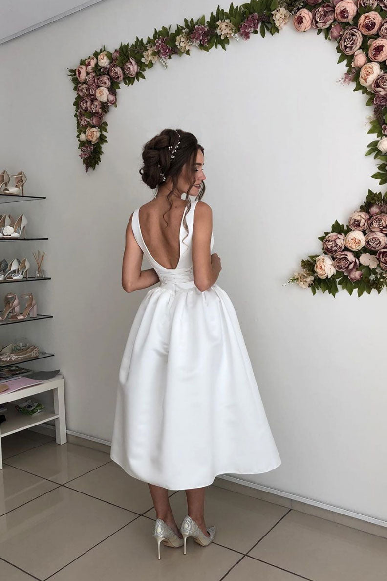Simple v neck satin bridesmaid dress, tea length prom dress