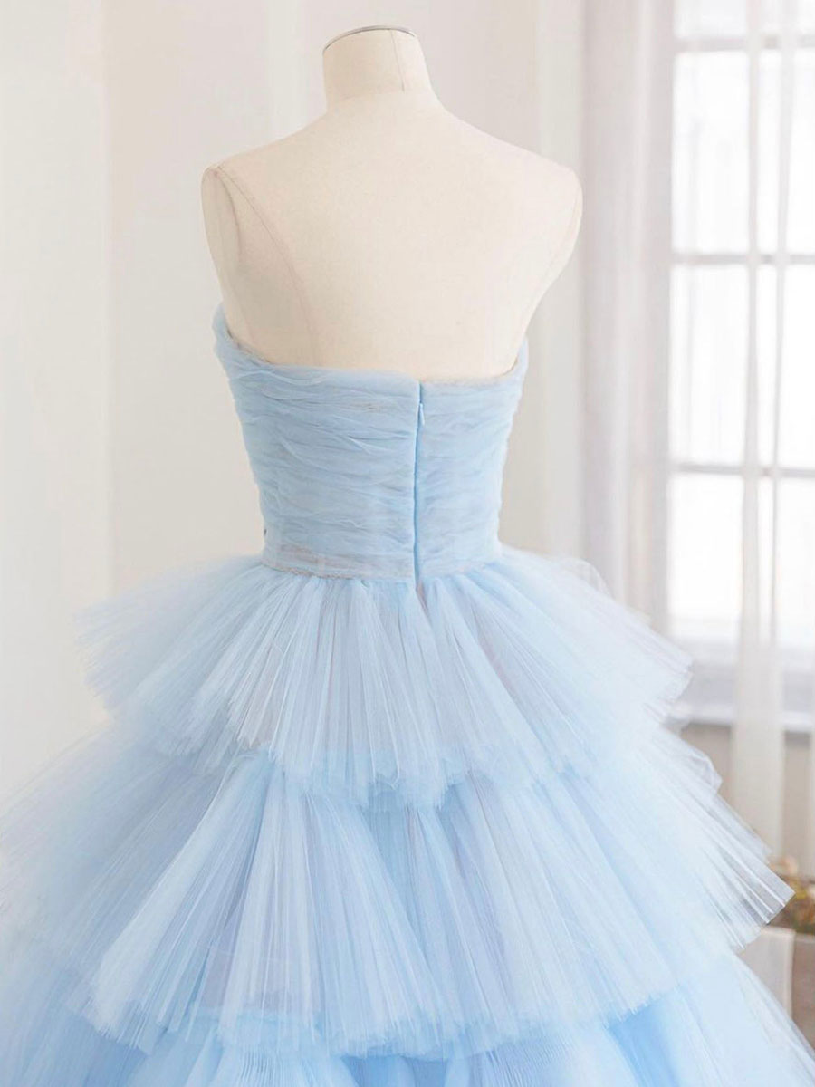 Blue tulle long prom dress, blue tulle evening dress