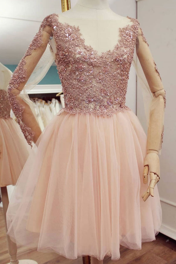 Pink tulle lace short prom dress, pink bridesmaid dress