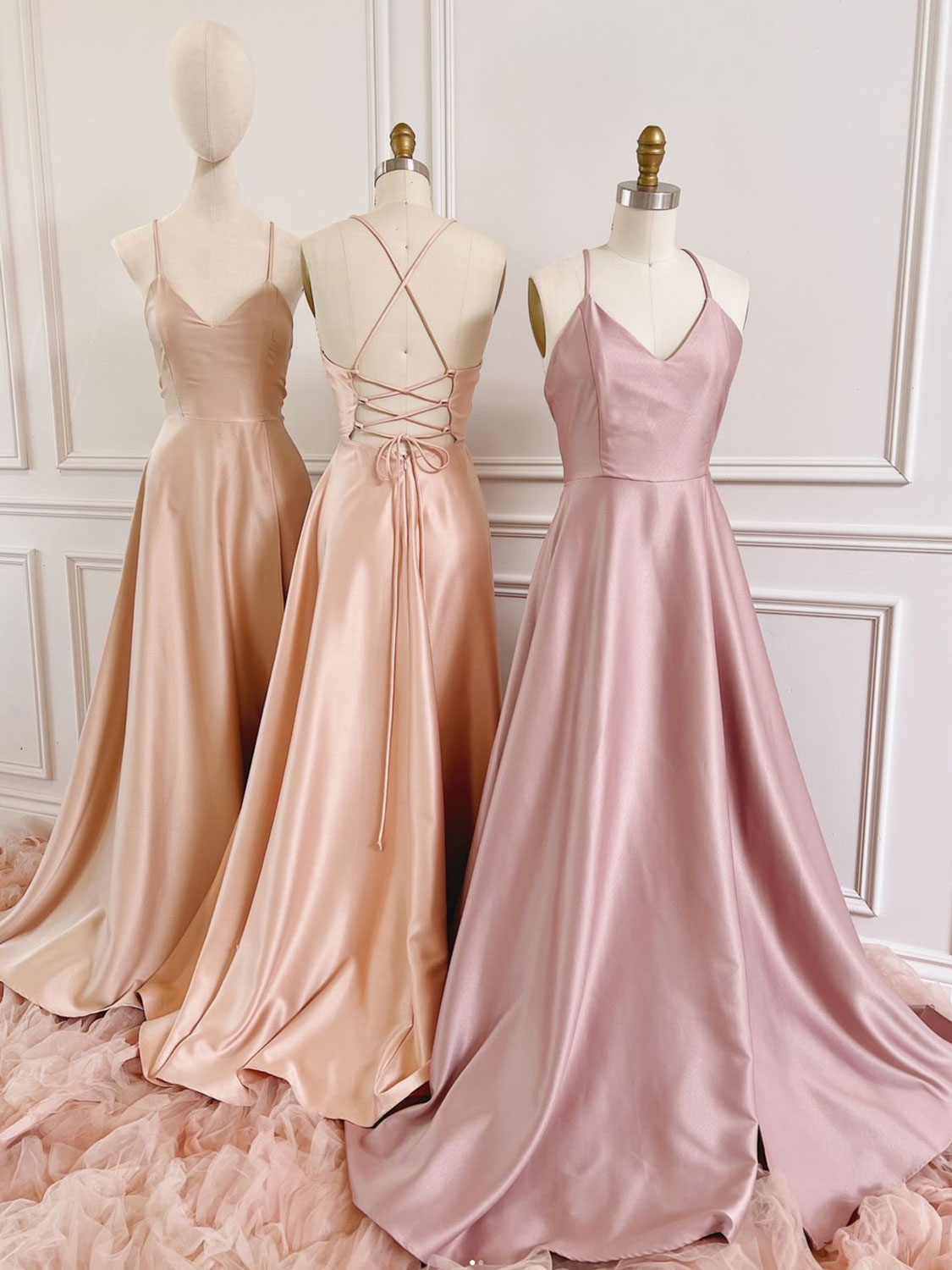 Simple A line satin long prom dress, pink bridesmaid dress