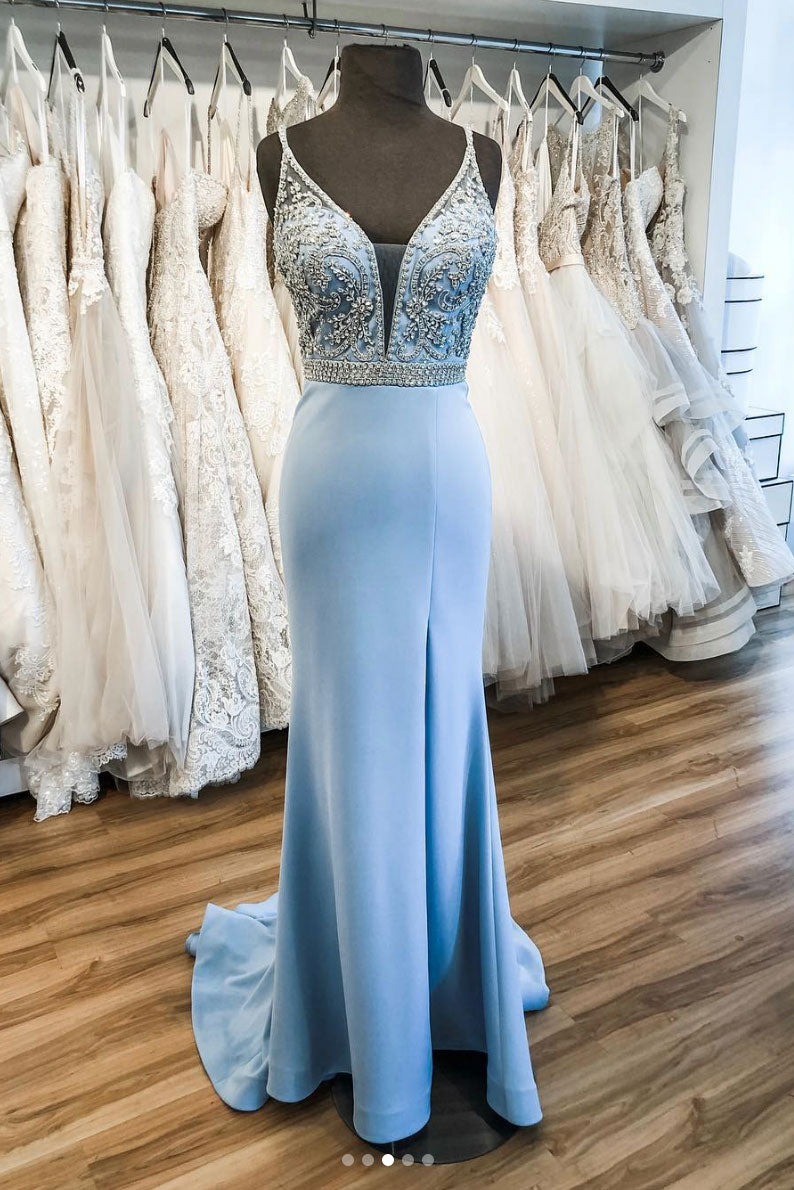 Blue v neck satin long prom dress, blue evening dress