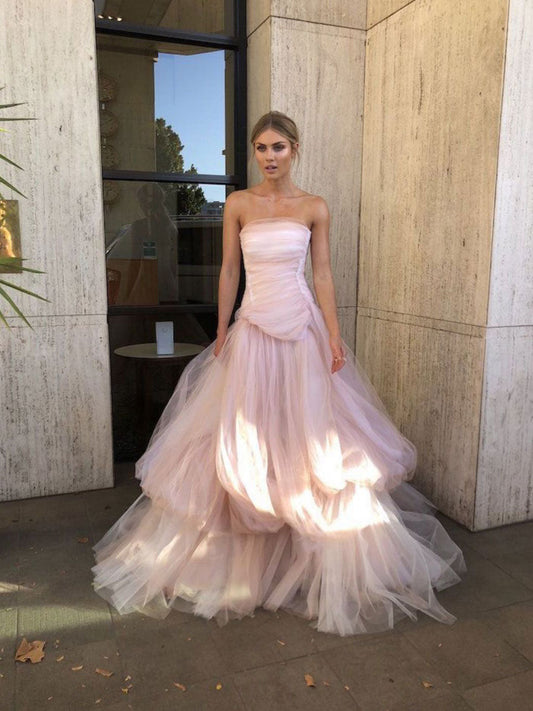 Light pink purple tulle long prom dress, pink purple tulle formal dress
