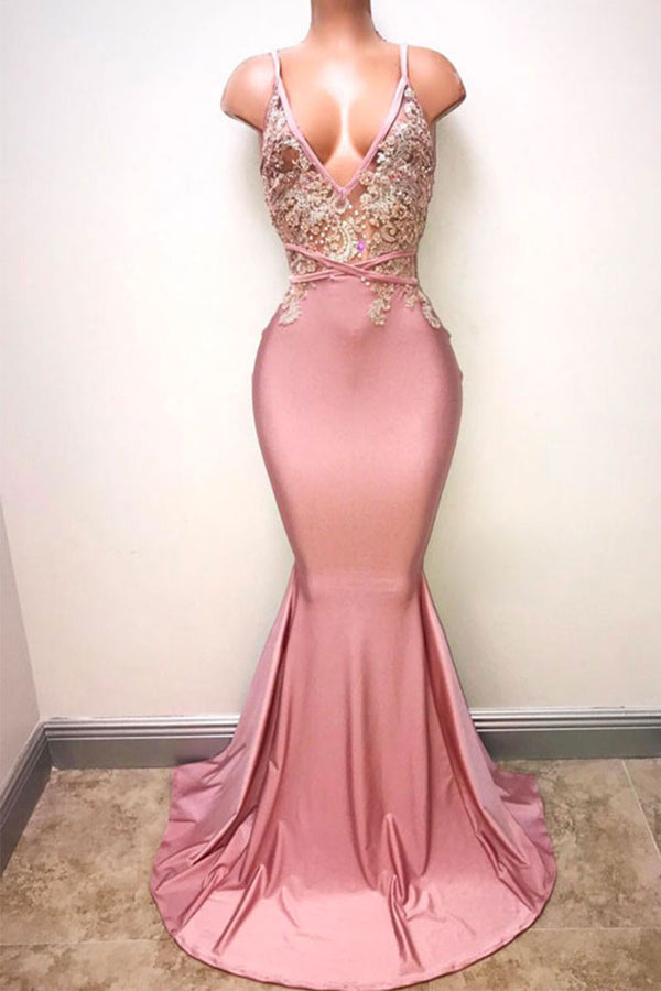 pink v neck mermaid long prom dress, pink mermaid long evening dress
