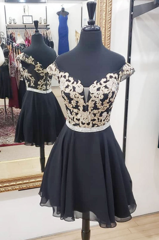 Black chiffon lace short prom dress, black homecoming dress
