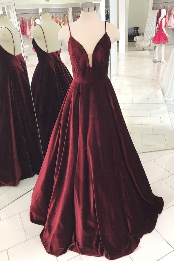 Simple v neck burgundy evening dress, burgundy long prom dress