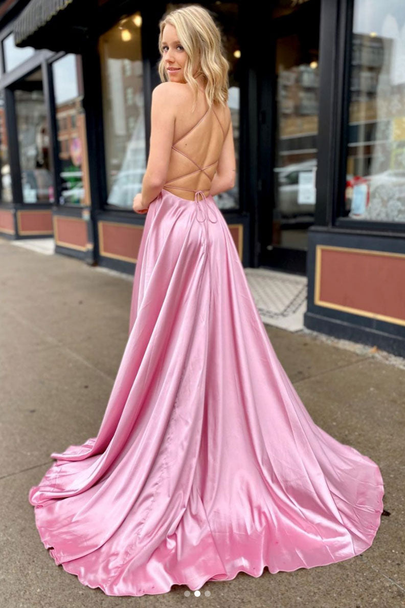 Simple v neck satin long prom dress pink long evening dress