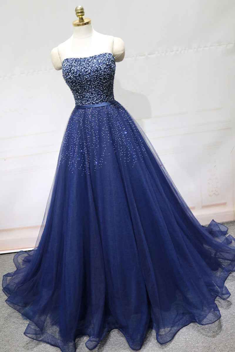Dark blue tulle sequin long prom dress, blue tulle formal dress