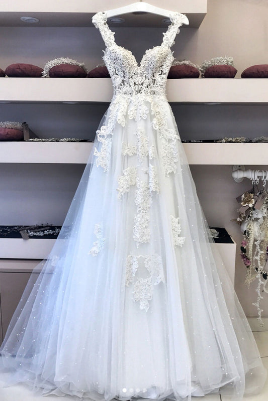 White v neck lace tulle long wedding dress, lace prom dress