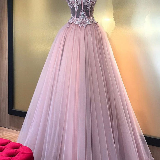 Pink sweetheart tulle lace long prom dress, pink tulle formal dress dresstby Pink sweetheart tulle lace long prom dress, pink tulle formal dress dresstby