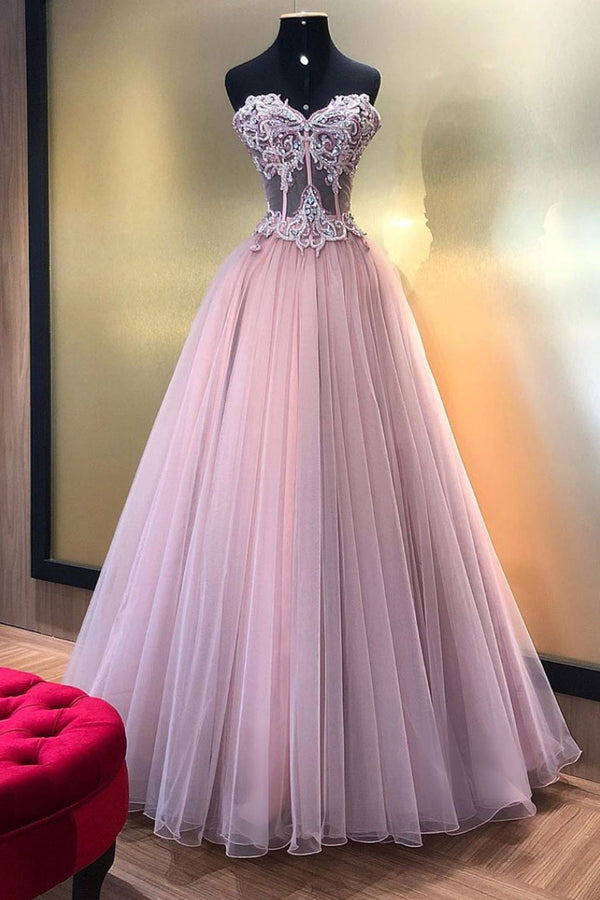 Pink sweetheart tulle lace long prom dress, pink tulle formal dress