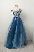 Blue v neck tulle lace long prom dress, blue evening dress