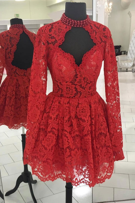 Red lace short prom dress, red lace homecoming dress