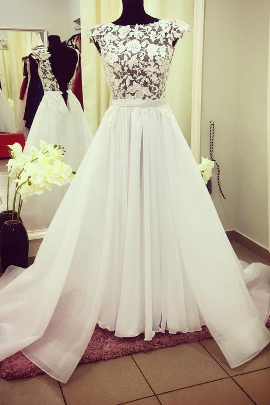 White round neck lace tulle long prom dress, lace evening dress