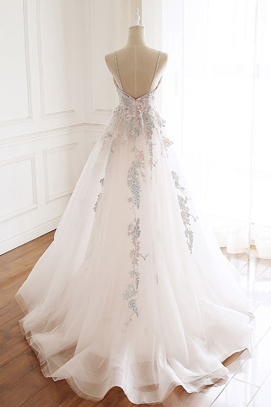 White v neck tulle lace long prom dress, white evening dress