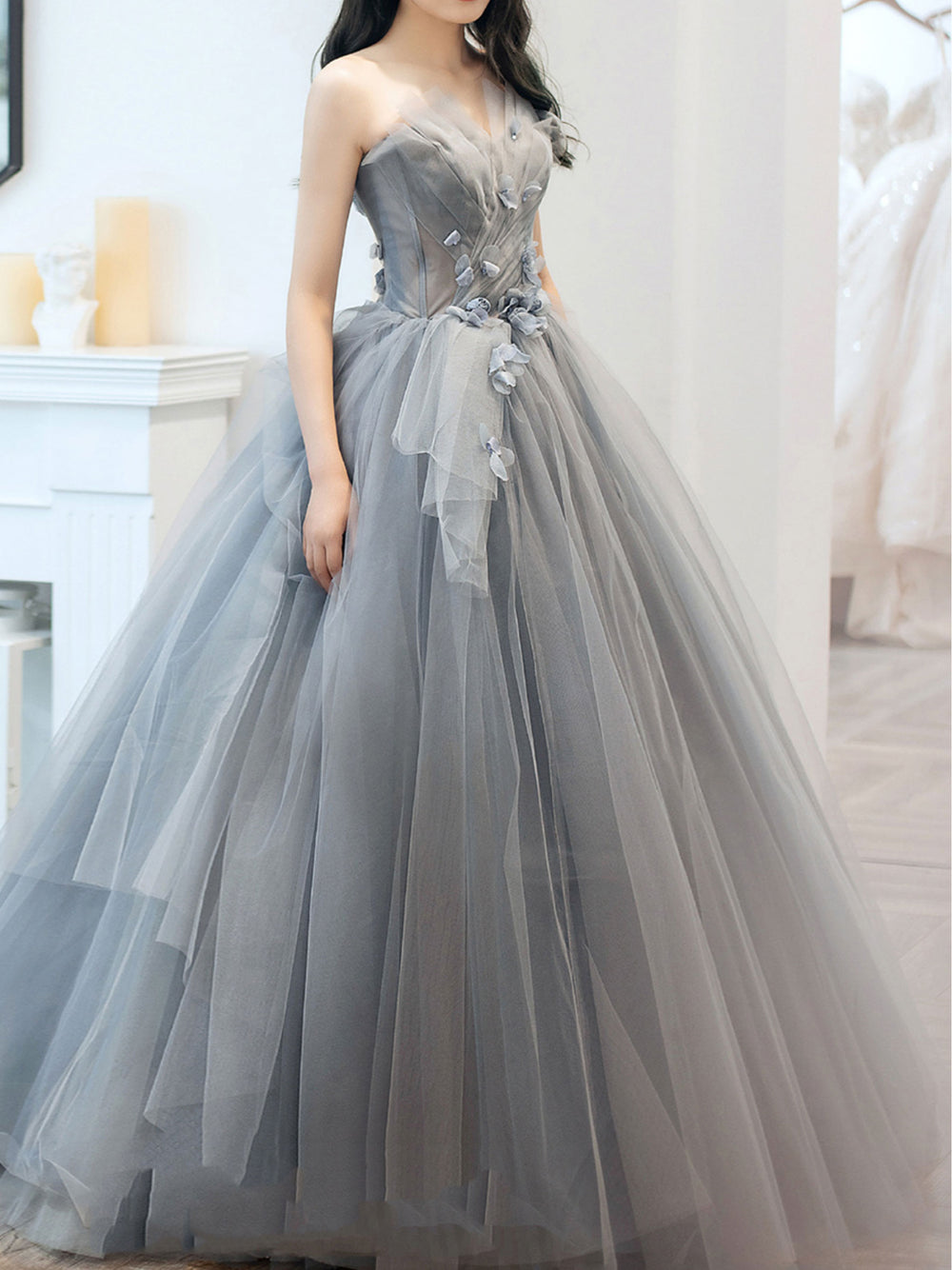 Gray sweetheart neck tulle long prom dress, gray tulle formal dress dresstby Gray sweetheart neck tulle long prom dress, gray tulle formal dress dresstby
