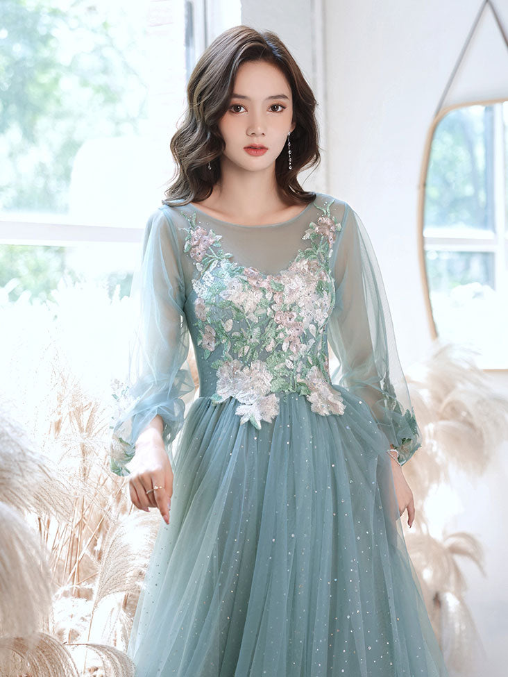 Green tulle lace tea length prom dress, green tulle formal dress