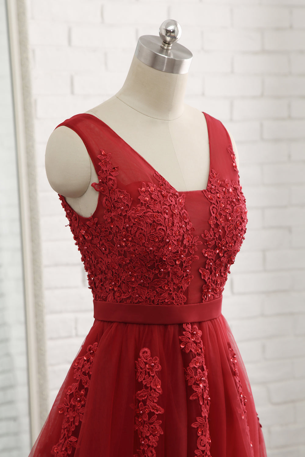 Burgundy v neck tulle lace long prom dress, burgundy evening dress dresstby Burgundy v neck tulle lace long prom dress, burgundy evening dress dresstby