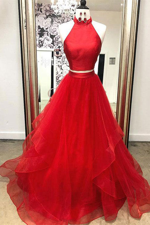 Red two pieces tulle long prom dress red long evening dress