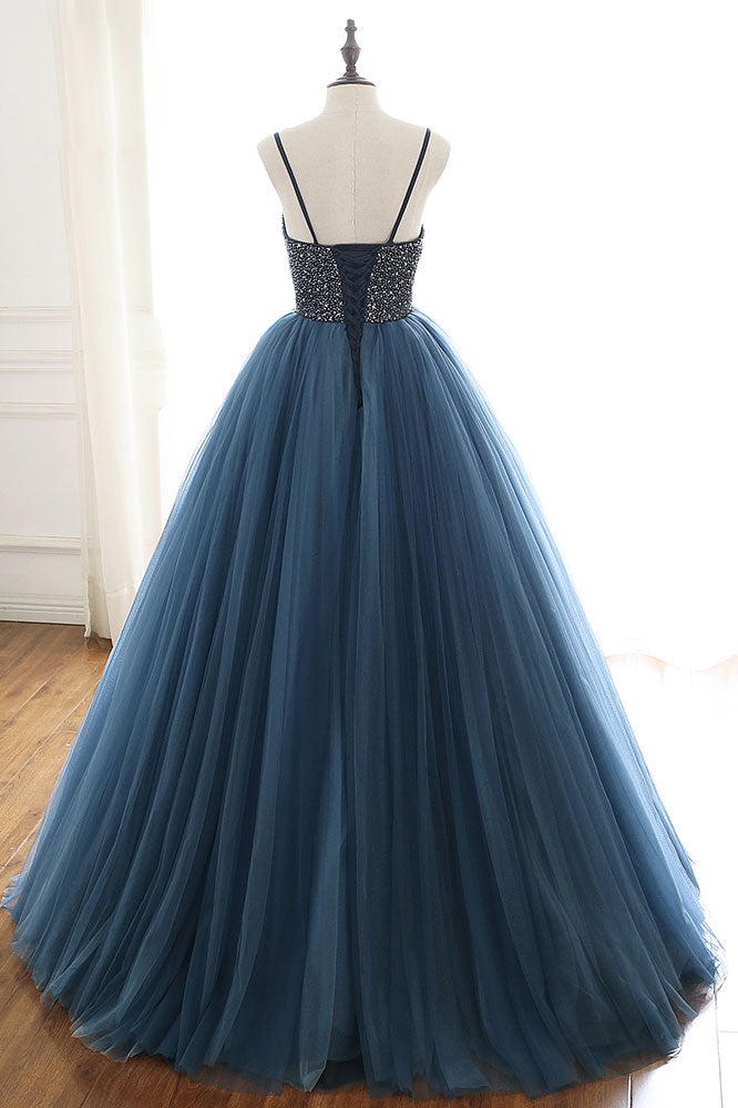 Blue tulle sequin long prom dress, blue tulle long evening dress