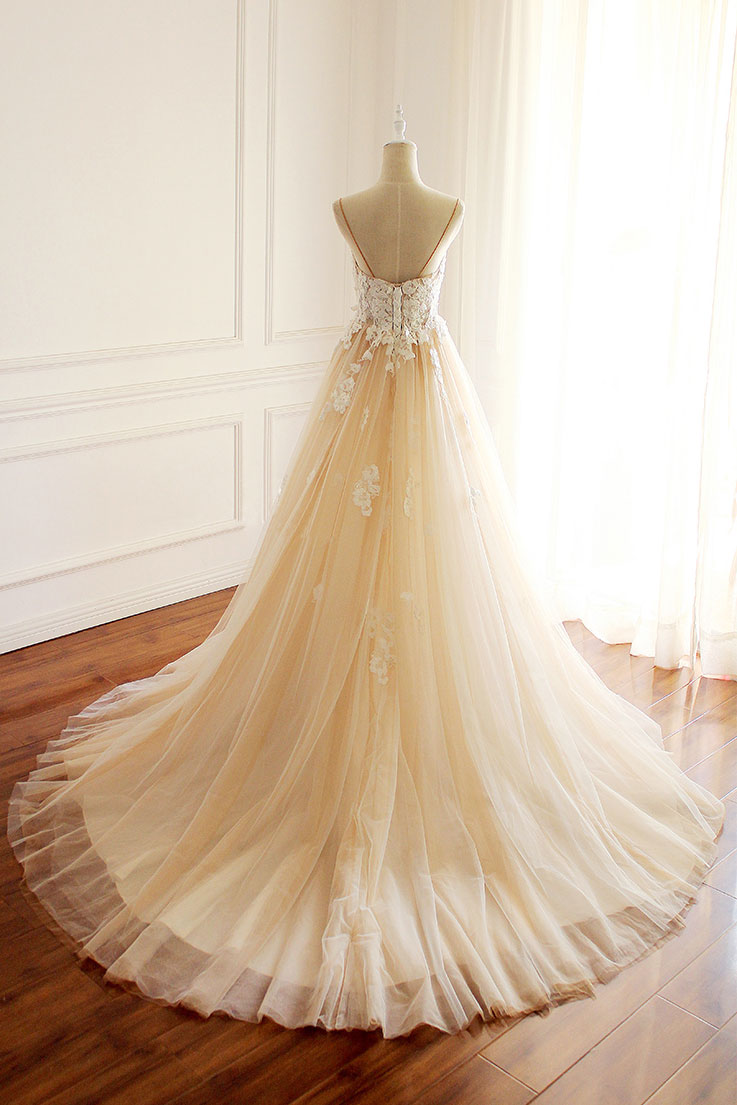 Champagne tulle lace applique long prom dress, champagne evening dress