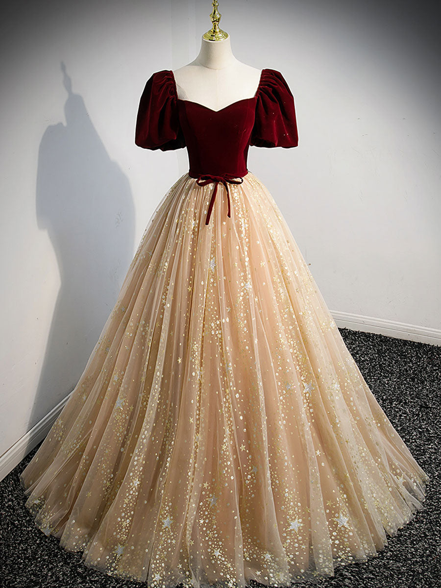 Champagne tulle long prom dress, A line tulle evening dress