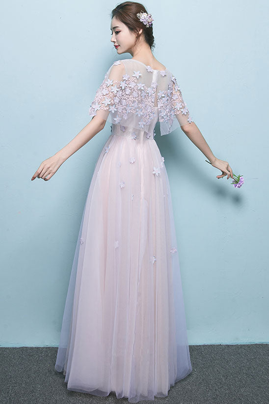 Pink tulle lace long prom dress tulle applique formal dress