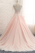 pink tulle lace long prom dress, pink tulle lace evening dress