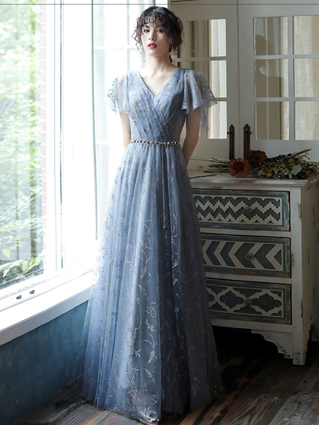 Blue v neck tulle long prom dress, blue lace evening dress