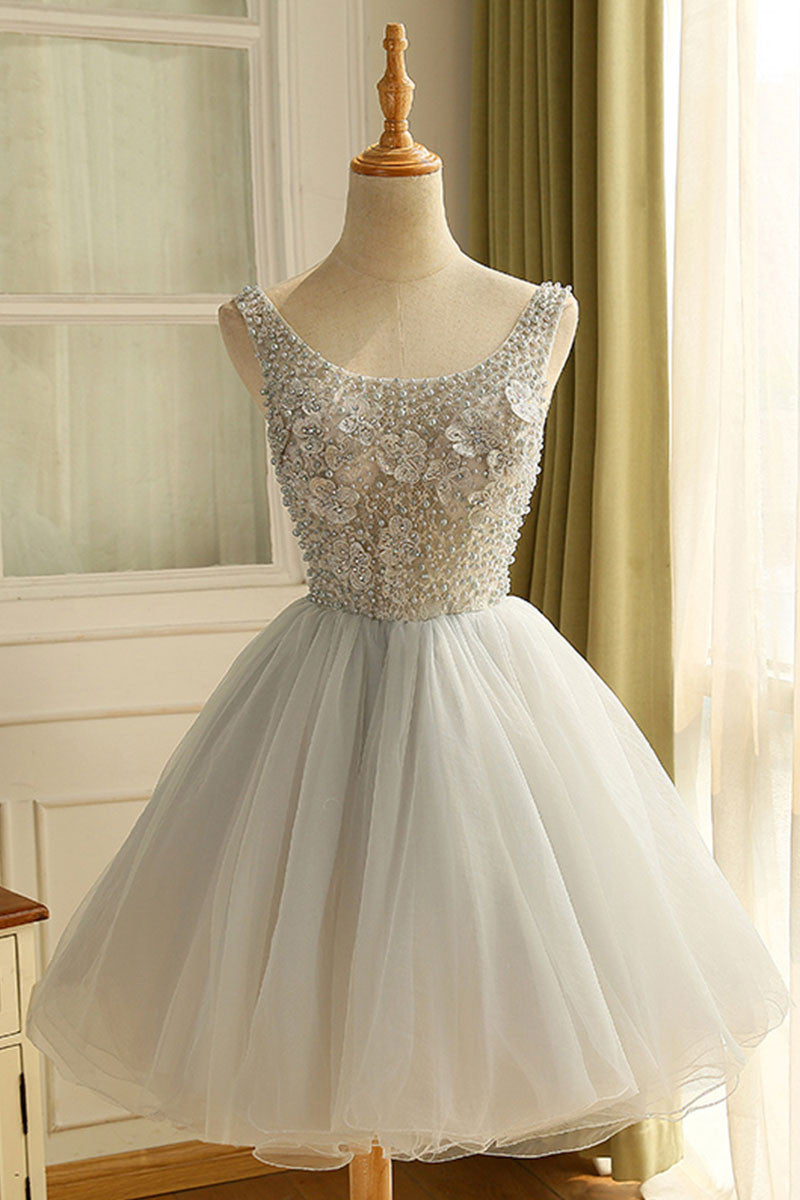Gray round neck tulle short prom dress, cute homecoming dress
