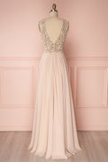 Pink v neck beads sequin long prom dress, pink evening dress