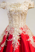 Red lace satin long prom dress, lace long evening dress