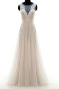 Champagne round neck tulle lace long prom dress, champagne wedding dress