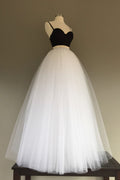 Simple white/black tulle two pieces long prom dress, evening dress