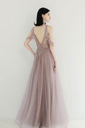Champagne tulle sequin beads long prom dress tulle evening dress