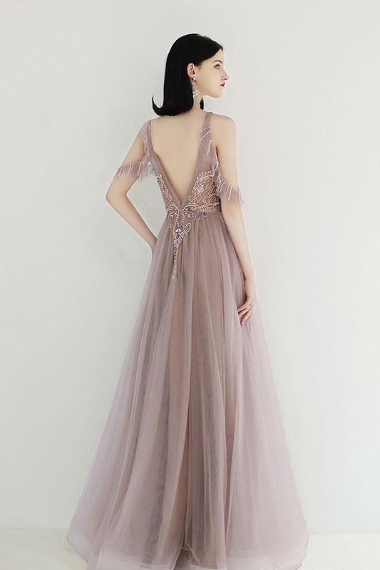 Champagne tulle sequin beads long prom dress tulle evening dress