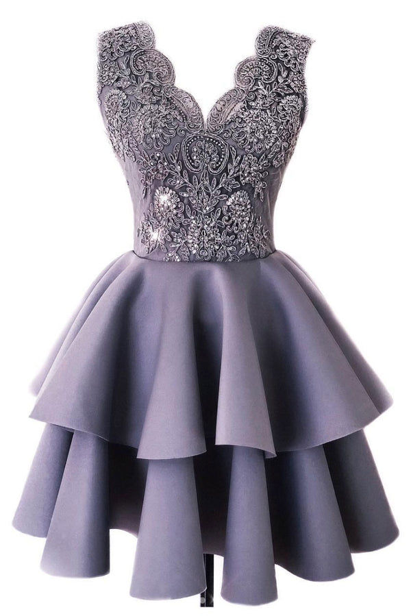 Cute lace v neck short prom dress, gray homecoming dress