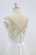 White round neck lace tulle long prom dress, white lace wedding dress