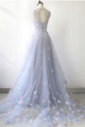 Simple round neck tulle long prom dress, gray tulle evening dress
