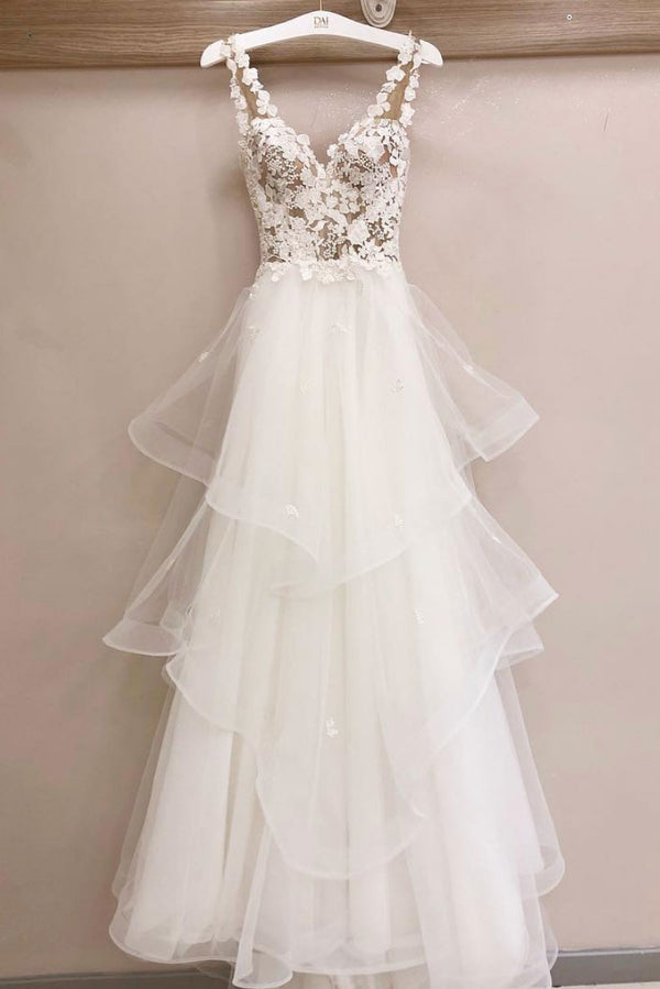 White tulle lace long prom dress, white tulle evening dress