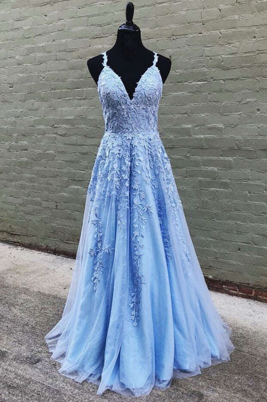 Blue v neck tulle lace long prom dress blue lace formal dress