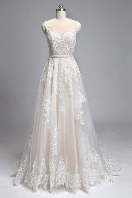 Champagne round neck tulle lace long wedding dress, champagne bridal dress