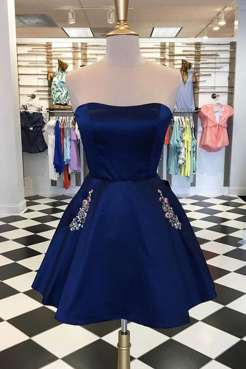 Cute dark blue short prom dress, blue homecoming dress